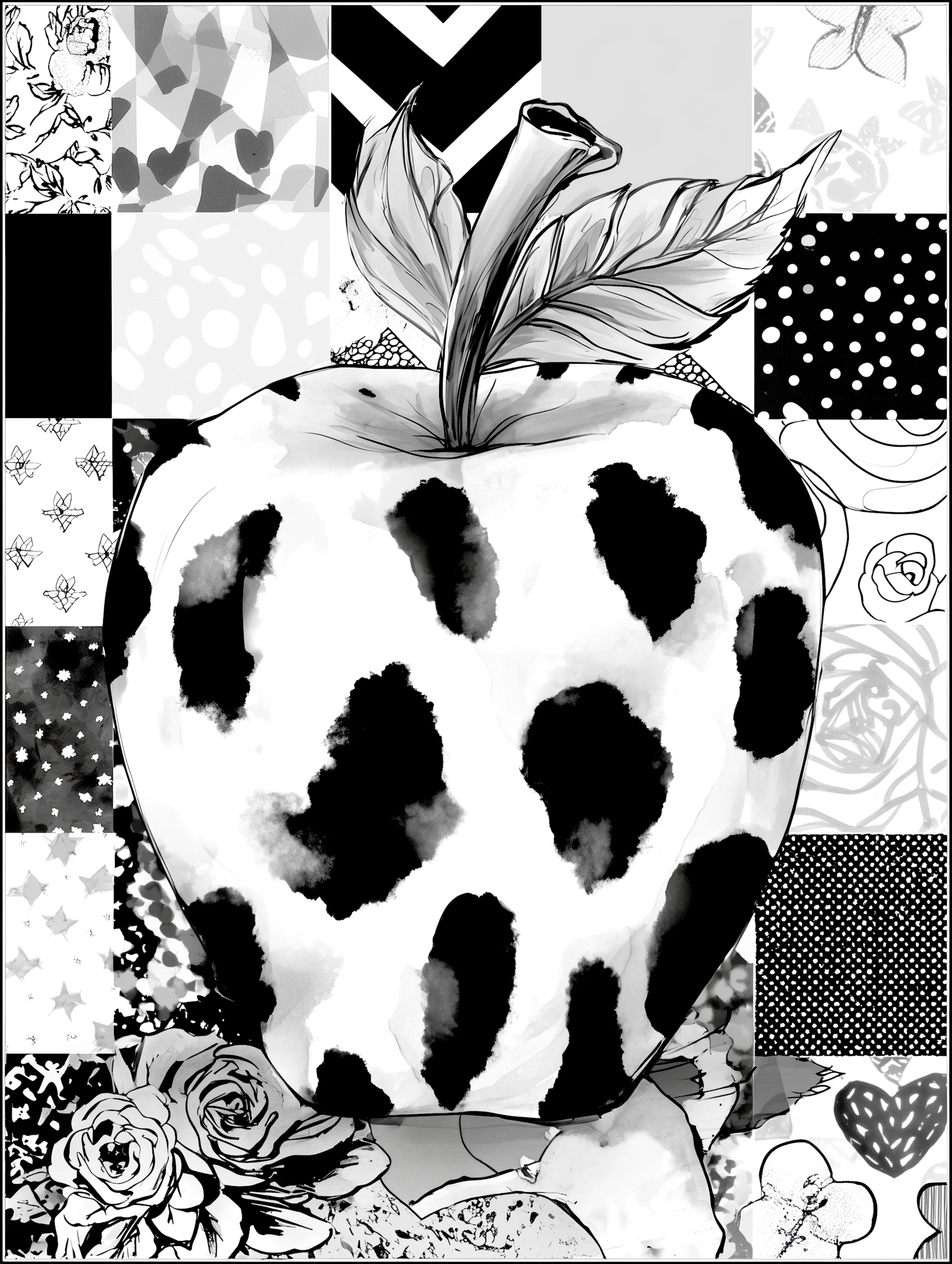 Free printable apple coloring page for adults featuring painted black splotches apple